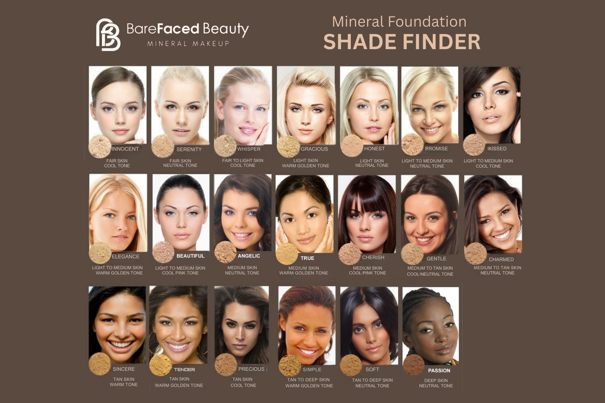 BareFaced Beauty Mineral Foundation shade comparison across fair to deep skin tones